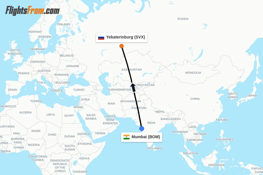 Flights from Mumbai to Yekaterinburg route map