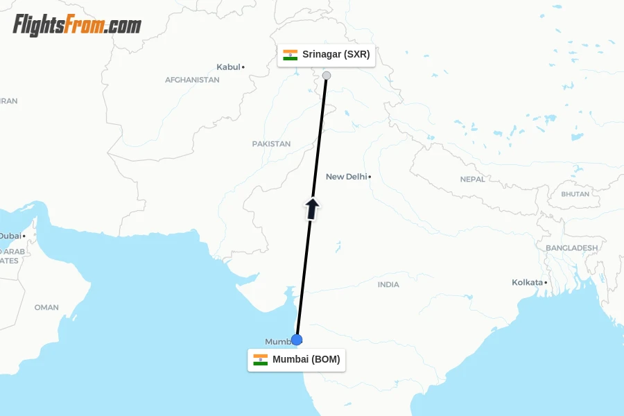 Flights from Mumbai to Srinagar route map