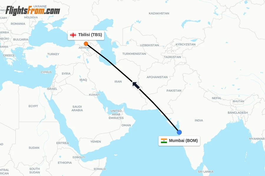 Flights from Mumbai to Tbilisi route map