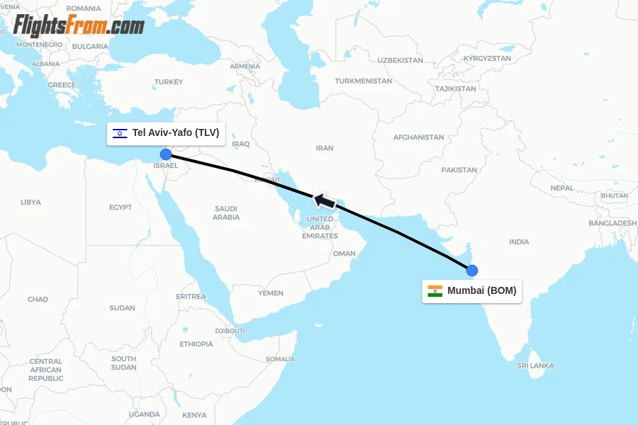Flights from Mumbai to Tel Aviv-Yafo route map
