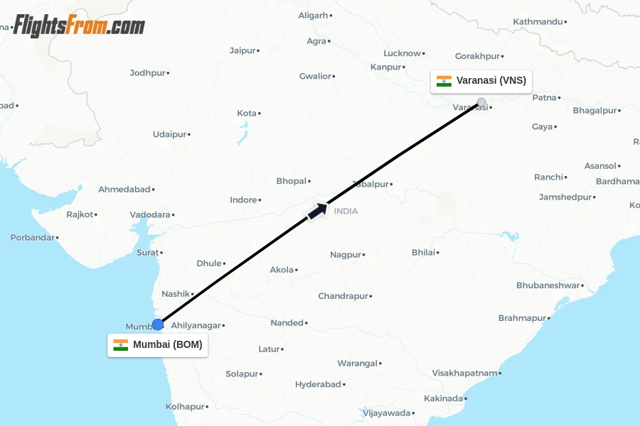 Flights from Mumbai to Varanasi route map