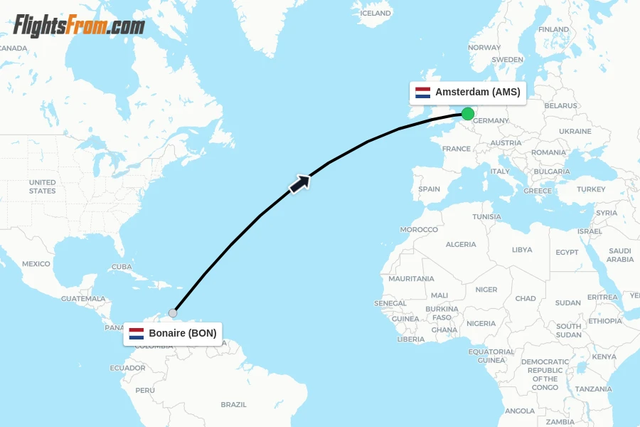 Flights from Bonaire to Amsterdam route map