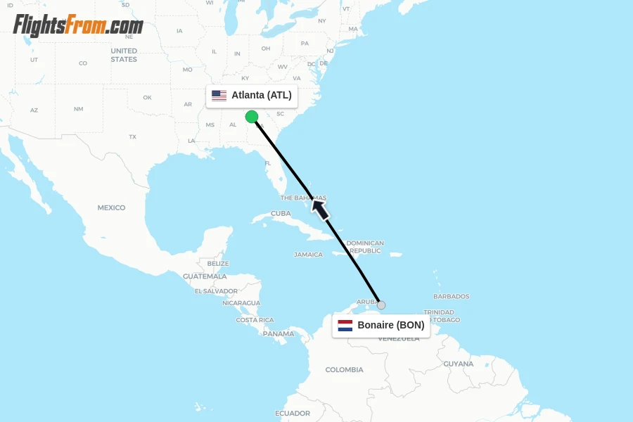 Flights from Bonaire to Atlanta route map