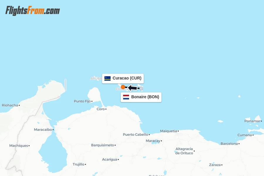 Flights from Bonaire to Curacao route map