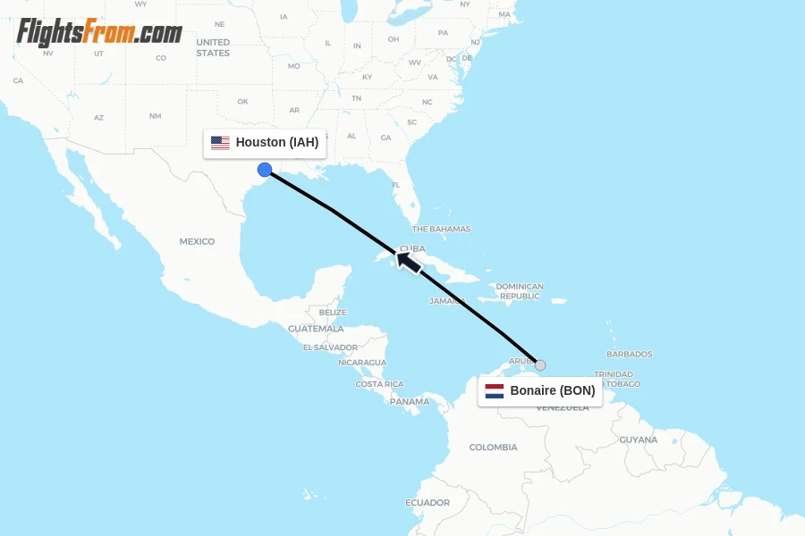 Flights from Bonaire to Houston route map