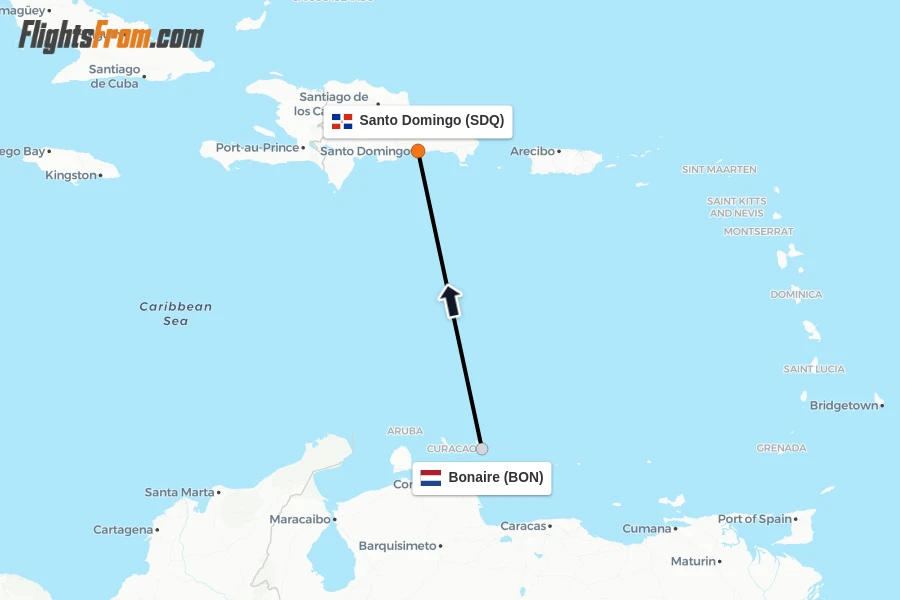Flights from Bonaire to Santo Domingo route map