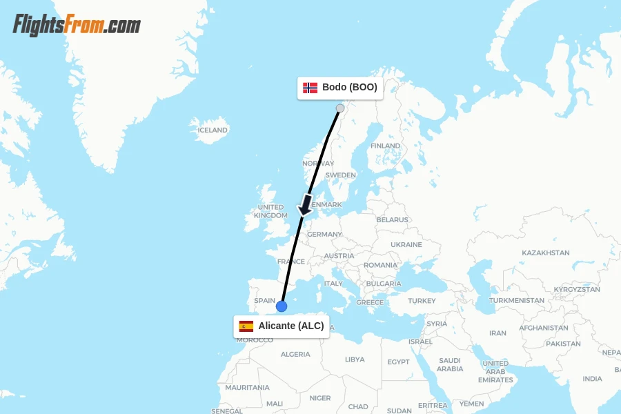 Flights from Bodo to Alicante route map