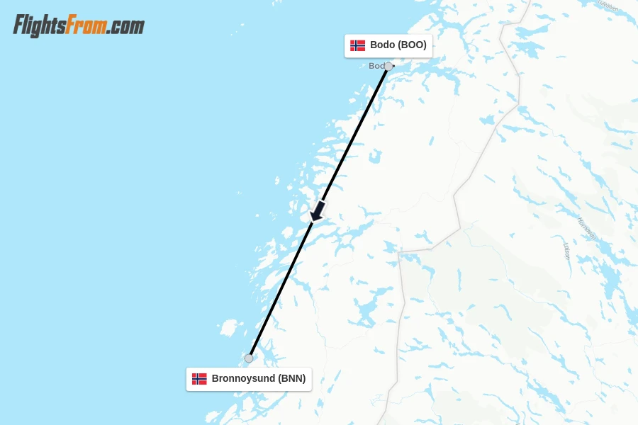 Flights from Bodo to Bronnoysund route map
