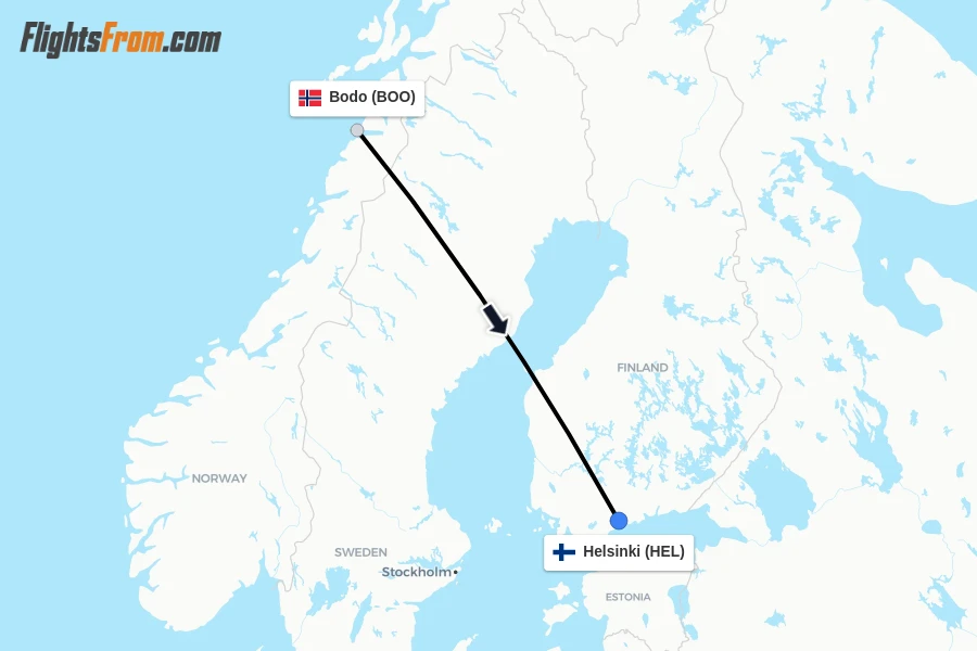 Flights from Bodo to Helsinki route map