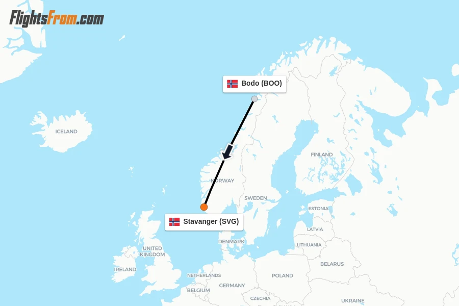 Flights from Bodo to Stavanger route map