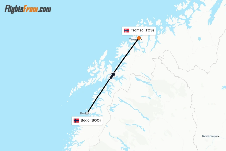 Flights from Bodo to Tromso route map