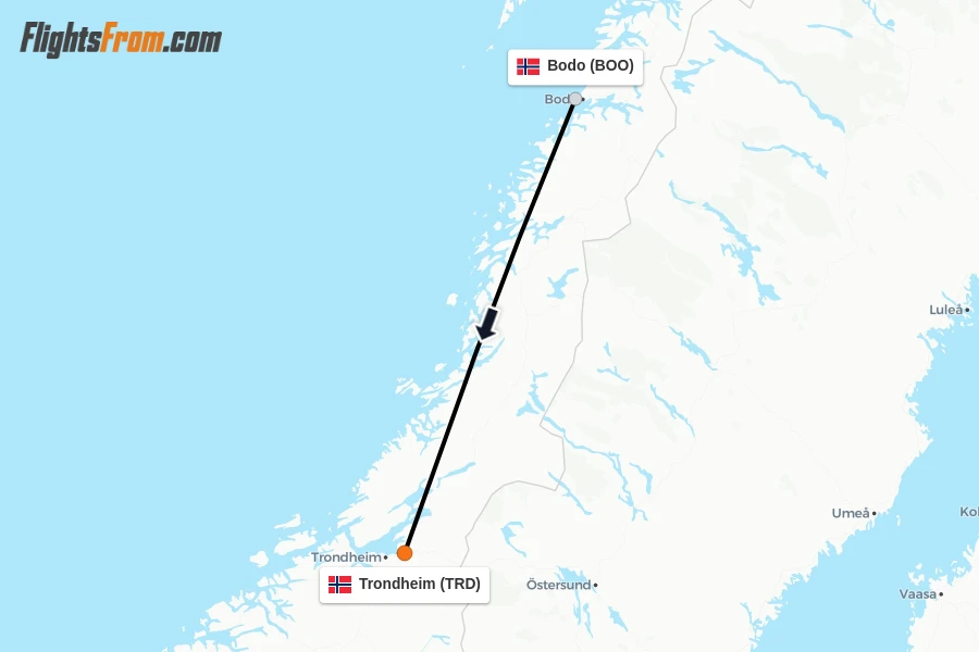 Flights from Bodo to Trondheim route map