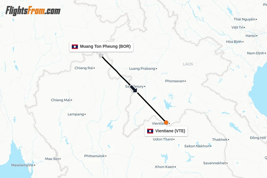 Flights from Muang Ton Pheung to Vientiane route map