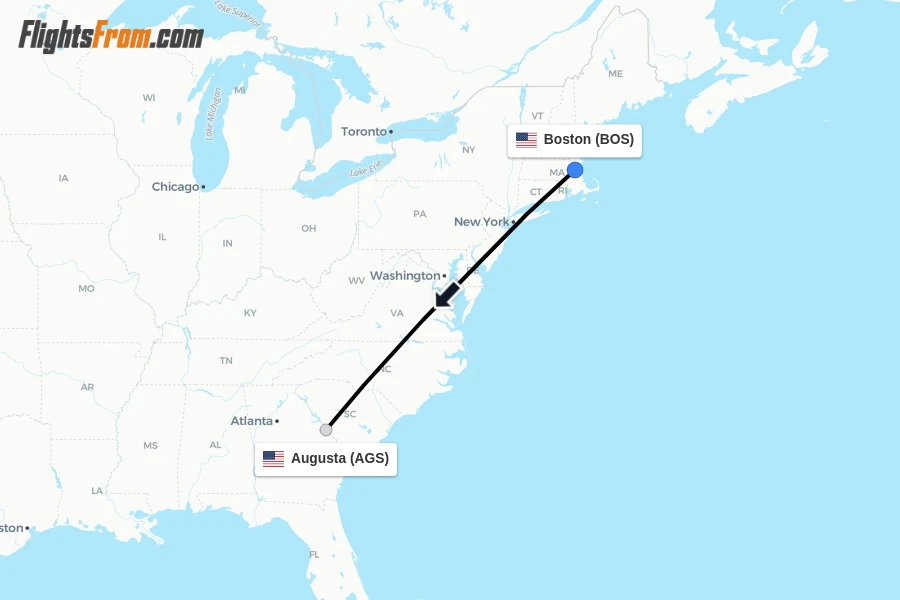 Flights from Boston to Augusta route map