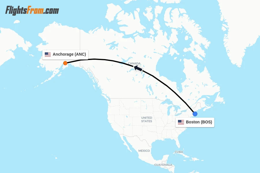 Flights from Boston to Anchorage route map