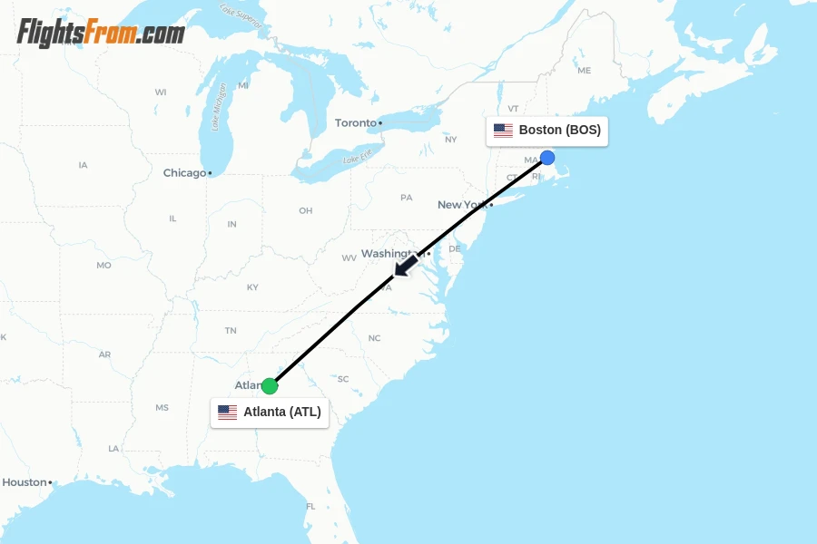 Flights from Boston to Atlanta route map