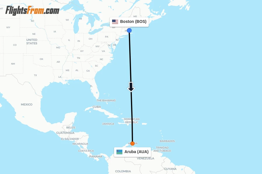 Flights from Boston to Aruba route map