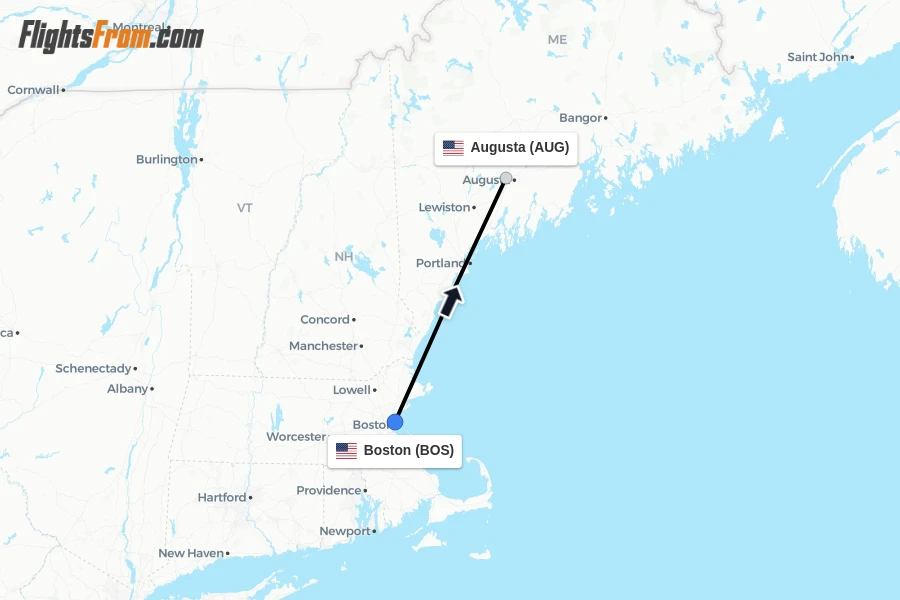 Flights from Boston to Augusta route map