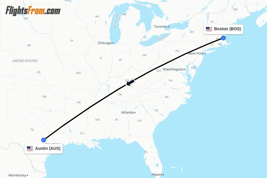 Flights from Boston to Austin route map