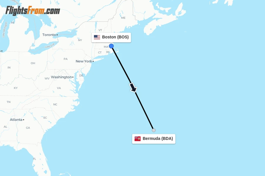 Flights from Boston to Bermuda route map