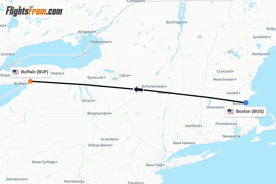 Flights from Boston to Buffalo route map