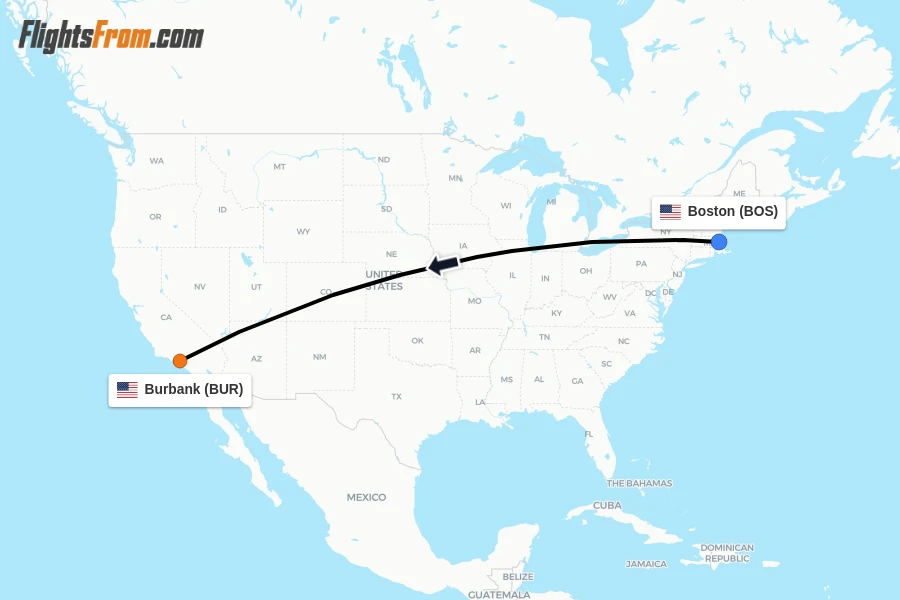 Flights from Boston to Burbank route map