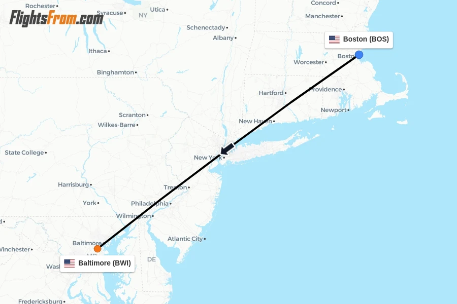 Flights from Boston to Baltimore route map