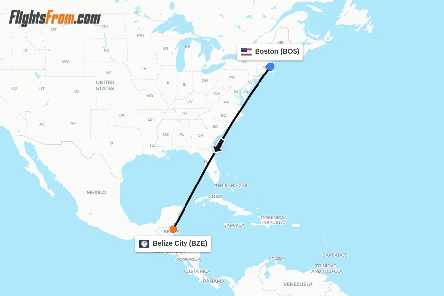 Flights from Boston to Belize City route map