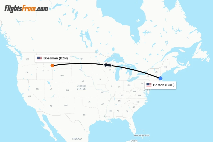 Flights from Boston to Bozeman route map