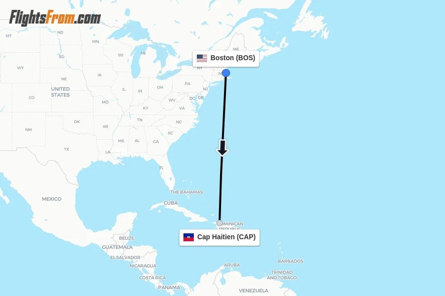Flights from Boston to Cap Haitien route map
