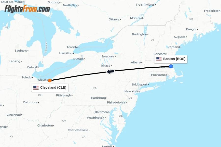 Flights from Boston to Cleveland route map