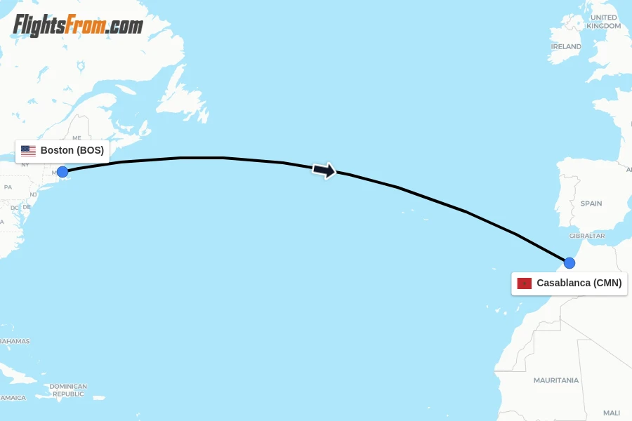 Flights from Boston to Casablanca route map