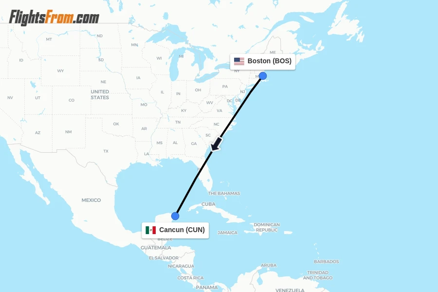 Flights from Boston to Cancun route map