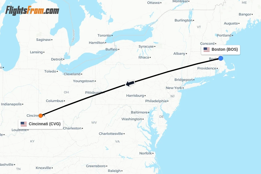 Flights from Boston to Cincinnati route map