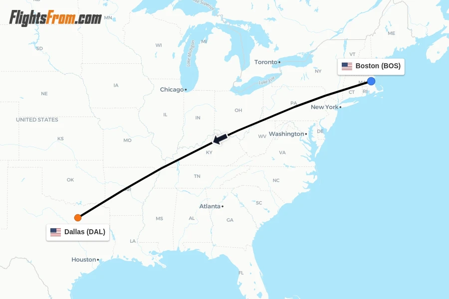 Flights from Boston to Dallas route map