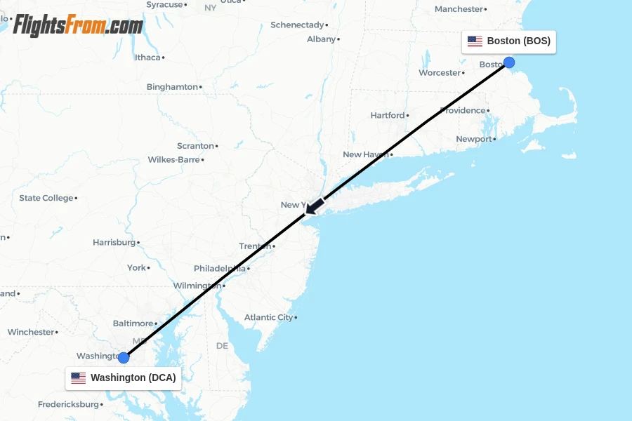 Flights from Boston to Washington route map