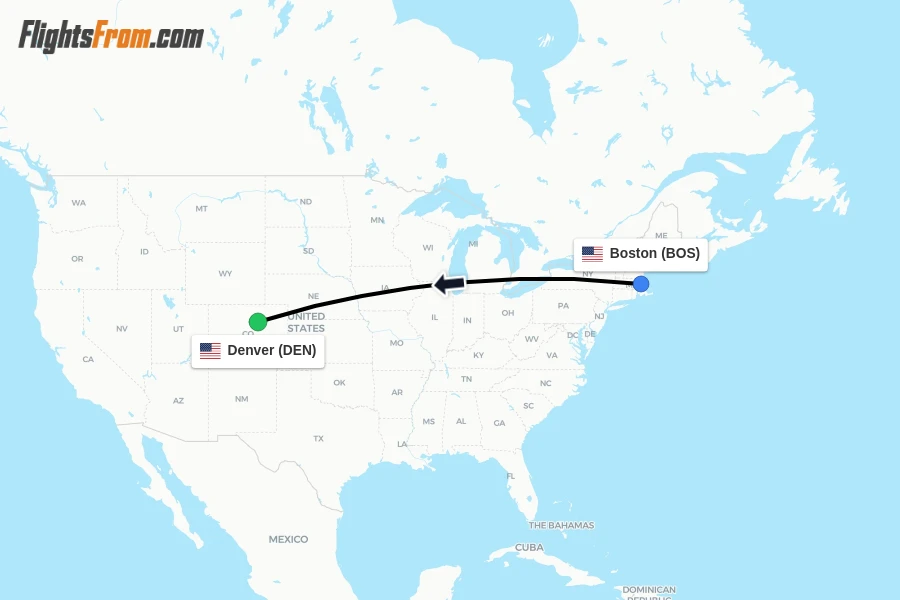 Flights from Boston to Denver route map