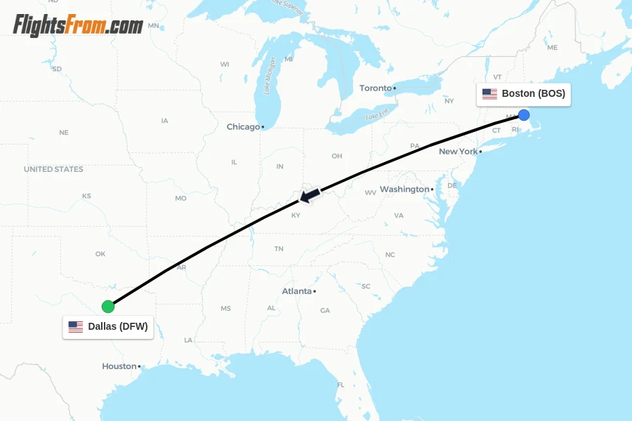 Flights from Boston to Dallas route map