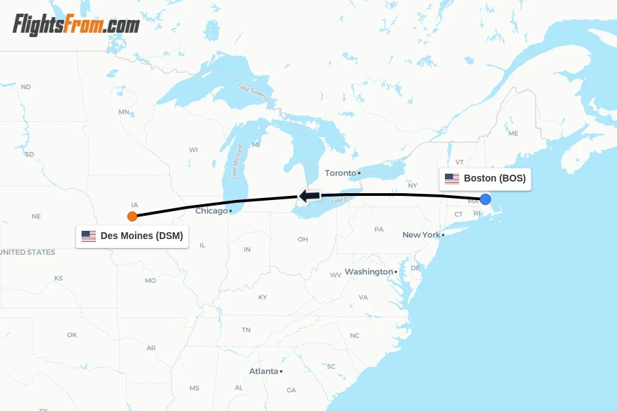 Flights from Boston to Des Moines route map