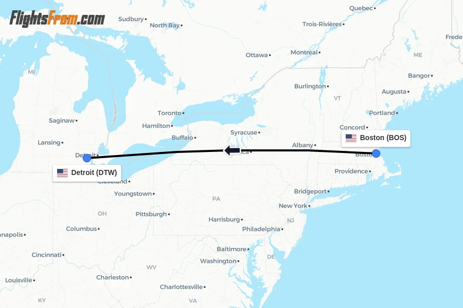 Flights from Boston to Detroit route map