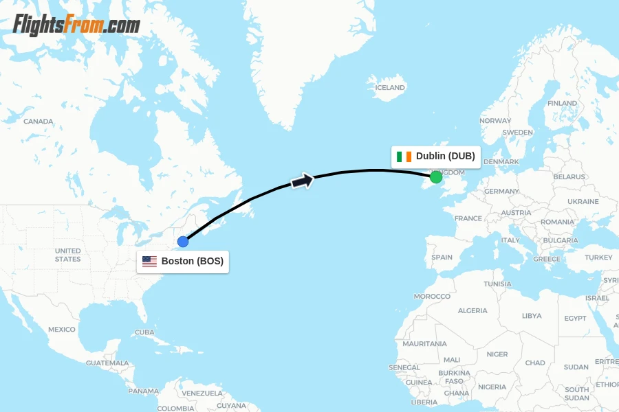 Flights from Boston to Dublin route map