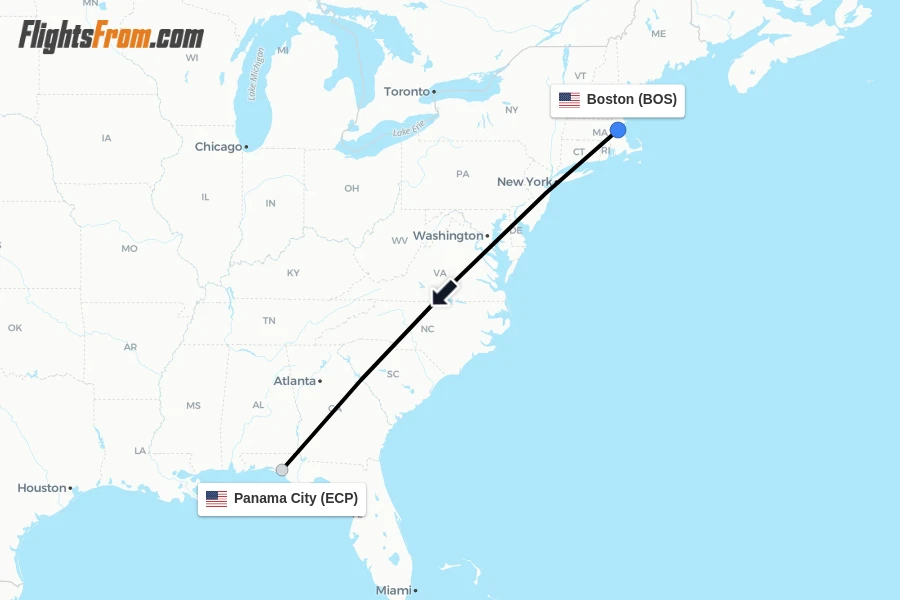 Flights from Boston to Panama City route map