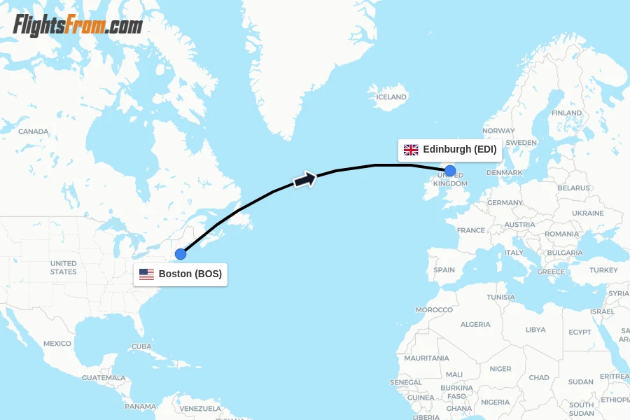 Flights from Boston to Edinburgh route map