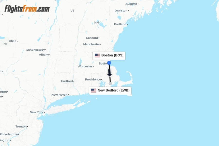 Flights from Boston to New Bedford route map