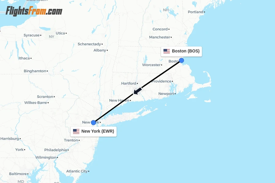 Flights from Boston to New York route map