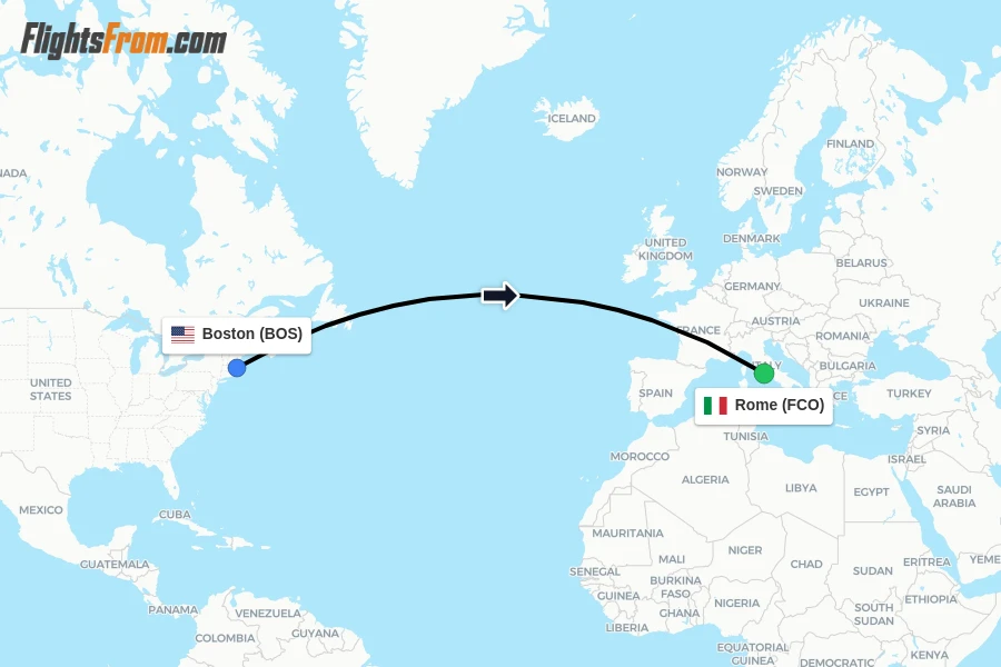 Flights from Boston to Rome route map