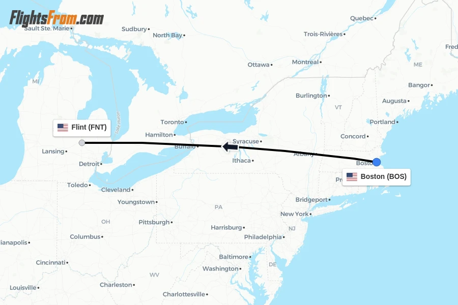 Flights from Boston to Flint route map