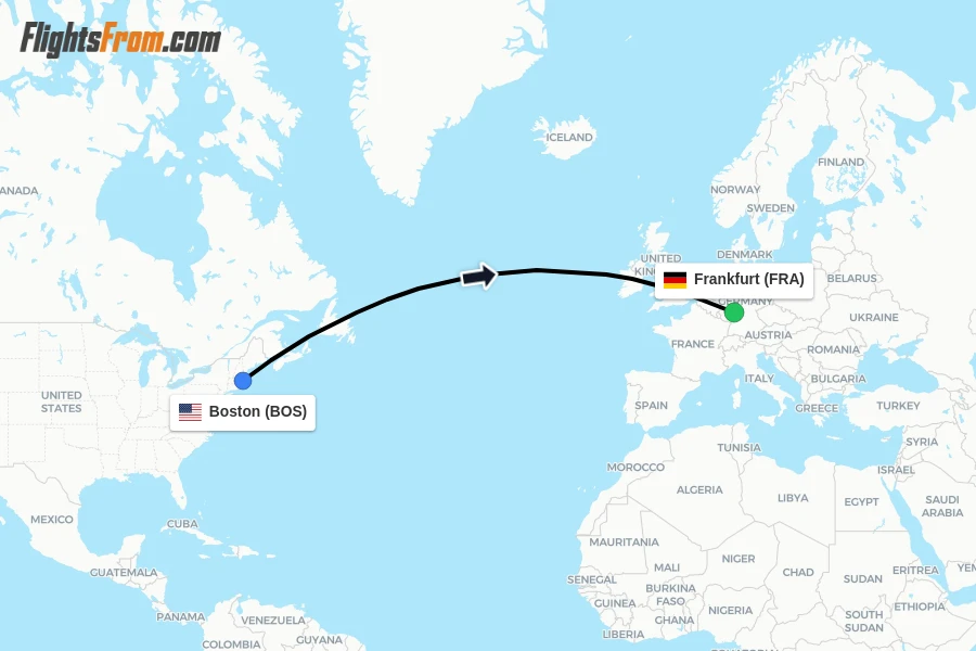 Flights from Boston to Frankfurt route map