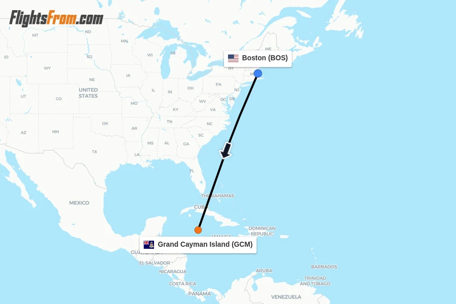 Flights from Boston to Grand Cayman Island route map