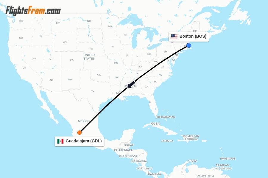 Flights from Boston to Guadalajara route map